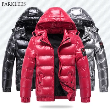Erkek kışlık ceketler Parka Aşağı Pamuk Kalın Sıcak Hoodies Coats Fermuar Up Casual Dış Giyim Açık Parlak Deri Giyim Ceketler
