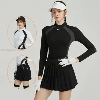 Blktee Uzun Kollu Golf T-Shirt kadın Elastik İnce Gömlek Fermuar Boyun Üstleri Bayanlar Spor Kısa Etek Pilili Golf Skorts Takım Elbise