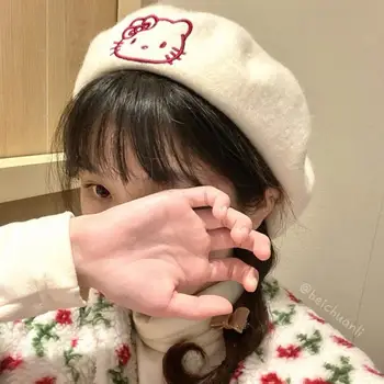 Kawaii Sanrio Karikatür Yünlü Kumaş Şapka Ressam Şapka Hello Kitty My Melody Sonbahar Kış Bere Noel Yaratıcı Doğum Günü Hediyeleri