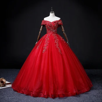 2022 Yeni Quinceanera Elbiseler Yüksek dereceli Mizaç Kırmızı Kapalı Omuz uzun elbise Çiçek Baskı Balo Elbise Vestido