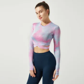 Kırpma Üstleri Kadın Yoga T-shirt Kravat boya Spor Üst Uzun Kollu koşu tişörtü Seksi Maruz Göbek Hızlı Kuru Spor Salonu Spor Giyim