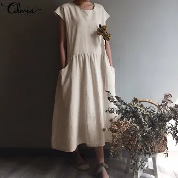 2021 Yaz Celmia Kadın Elbise Vintage Keten Pilili Uzun Gömlek Sundress Casual Kısa Kollu Gevşek Maxi Vestidos Robe