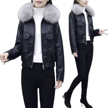PU Pamuk Yastıklı Deri Ceket Kadın Sonbahar Kış Yeni Kısa Palto Büyük Kürk Yaka Motosiklet Takım Elbise Palto Siyah Kadın Dış Giyim