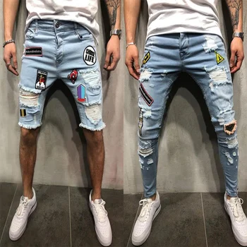 Erkekler Ripped Sıkıntılı Slim Fit Elastik Streç Yamalar Erkek streetwear hiphop Delik Kot Pantolon Biker denim pantolon