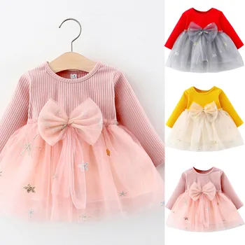 Büyük Yay Toddler Kız Patchwork Tül İlmek örme elbise Prenses Elbise Çocuklar Bebek gelinlik modelleri Uzun Kollu Elbise Robe