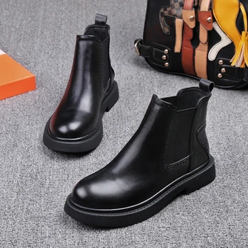 Kore tarzı kadın moda chelsea çizmeler siyah hakiki deri çizme sonbahar kış platform ayakkabılar ayak bileği botas de mujer botines