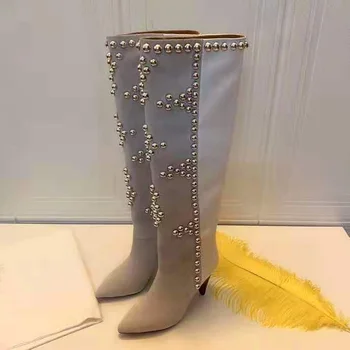 Kadın ayakkabısı Paris Lyork Çizmeler Gümüş ton Çiviler Sivri Burun Topuk 10.5 Cm Diz Çizmeler