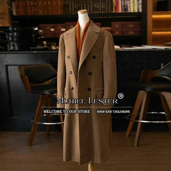 Sonbahar / Kış Yün Karışımı Kalın Takım Elbise Ceket Erkekler Tüvit Kruvaze Trençkot Kahverengi Erkek İş Dış Giyim Palto Blazer