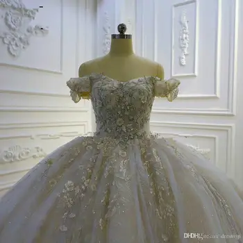 Muhteşem Balo Gelinlik 3D Çiçek Aplike Sequins Boncuklu Sweep Tren Custom Made Düğün Elbisesi Gelin Elbise