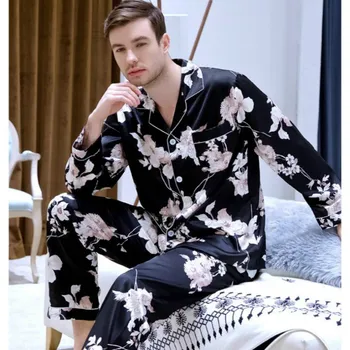 Erkek Yeni Büyük Boy İpek Gecelik Tüm Mevsim Takım Elbise Uzun kollu Gömlek + Pantolon 2 adet Pijama Ev Hizmeti Buz İpek 2019 J008