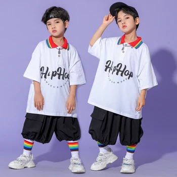 Hip-Hop Çocuk Giyim Caz Sokak Dansı Gökkuşağı Polo yakalı tişört Takım Elbise Gevşek Erkek Hip Hop Dans Rave Giyim DQS10610