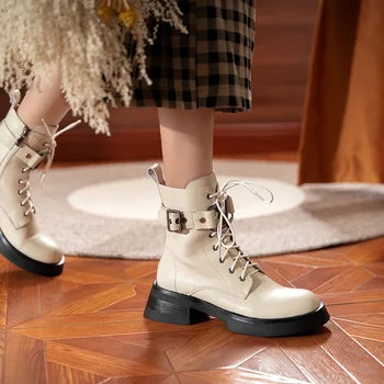 2021 kış Hakiki Deri Kadın Botları moda ZİP yarım çizmeler Yuvarlak Ayak Kalın Topuk platform ayakkabılar Çapraz bağlı Kadın Ayakkabı