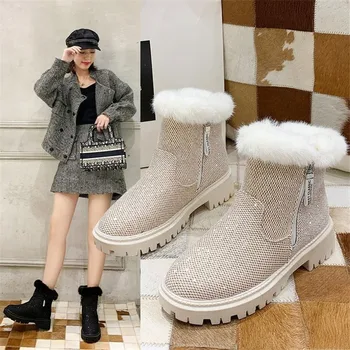 Kolej Tarzı Tatlı kadın Kabarık Beyaz Kürk Platformu Kar Botları Kış Moda Rahat Kalın Tabanlı Peluş Sıcak pamuklu ayakkabılar