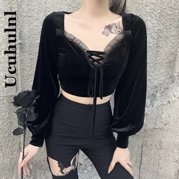 Ucuzhulnl Fener Kollu Mahsul Tee Tops Gotik Punk Örgü Patchwork Kadife T-shirt Kadın Merkezi Goth Vintage Seksi Lace Up V Yaka