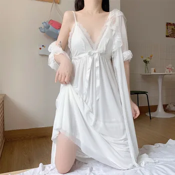 Beyaz Robe Loungewear Saten Kimono Strappy Kadınlar Seksi Ipek Iç Çamaşırı Dantel Gecelik Yaz Pijama Düğün Gelinler Nighedress