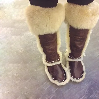 Kadın Yün Çentikli Püskül Yamalı Bling Deri Düğmeler Orta buzağı Flats Kar Botları Bayanlar Kış Sıcak Peluş Bir Kürk Saçaklı Çizmeler