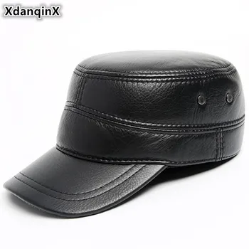 XdanqinX Ayarlanabilir Boyutu erkek Düz Kap Hakiki Deri Şapka Sonbahar Kış Koyun Derisi Sıcak Askeri Şapka Kulakları Ile Yeni Markalar Kapaklar