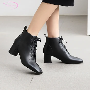Rahat tarzı kare ayak yarım çizmeler moda dantel-up siyah bej kahverengi yüksek topuk kalın binici çizmeleri kadın ayakkabısı büyük boy