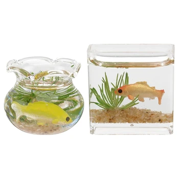 2 Adet Minyatür Balık Kase Dollhouse Balık Tankı 1: 12 Minyatür Cam Akvaryum Balığı Tankı Dollhouse Masaüstü Süsler