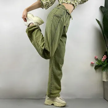 Sokak Trend Şık Avokado Yeşil Rahat Strappy düz pantolon 2022 kadın Moda Kişilik günlük pantolon Kot Artı Boyutu