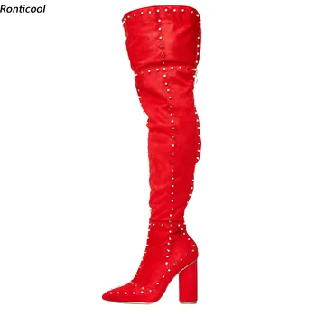 Rontıcool El Yapımı Kadın Bahar Diz Üzerinde Çizmeler Seksi Çivili Tıknaz Topuklu Sivri Burun Ayakkabı Siyah kırmızı ayakkabılar Abd Boyutu 5-16