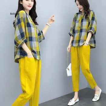 Ilkbahar Yaz Sarı İki Parçalı Setleri Kadın Ekose Bluz Gömlek Ve pantolon Takım Elbise Rahat Moda Zarif Kore Seti