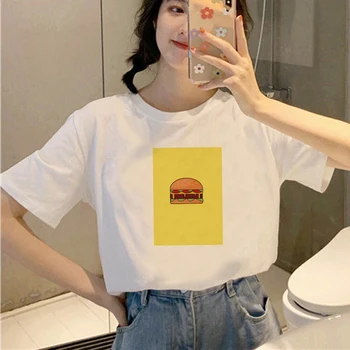 Yaz Üst Tee Hamburger Baskılı Bayan O-Boyun T-shirt Komik grafikli tişört Femme Giyim Harajuku beyaz tişört Büyük Boy