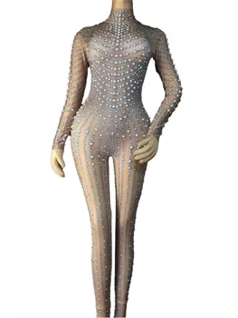 Moda Kristal Taşlar Kadın Dans Kostüm Tam İnciler Shining Rhinestone Tulum