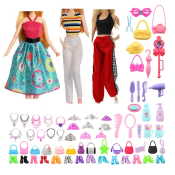 Yeni Gelmesi Moda Kawaii 64 Ürün/ Lot Minyatür Bebek Aksesuarları Çocuk Oyuncakları Ayakkabı Çanta Elbise Elbise Barbie DIY Oyunu
