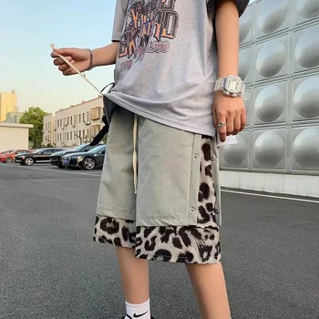 Ekleme Leopar Baskı Rahat Şort Moda Moda Göğüslü Tasarım 5 noktalı Pantolon Erkek Yaz İnce Gevşek Geniş bacak düz pantolon