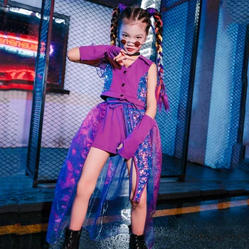 2022 Mor Sequins Setleri Kızlar Caz Kostümleri Çocuklar Hip hop giysileri Balo Salonu Giyim Sahne Performansı Festivali Kıyafet XS4224