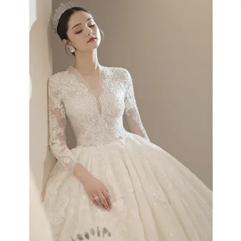 V Yaka Tam Kollu düğün elbisesi Mahkemesi Tarzı Zarif Çiçek Dantel Balo gelinlik Custom Made Vestido De Noiva
