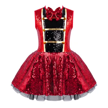 Kırmızı Çocuk Kız Modern Rumba Latin Giyim Yuvarlak Boyun Kolsuz Parlak Sequins Süslenmiş Tango Dans Elbise Leotard Tulum