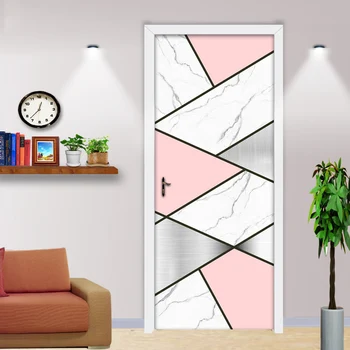 3D Geometrik Mermer Su Geçirmez Kendinden yapışkanlı Kapı Sticker Duvar Çıkartmaları Modern Oturma Odası yatak odası kapısı Dekorasyon Duvar Kağıdı