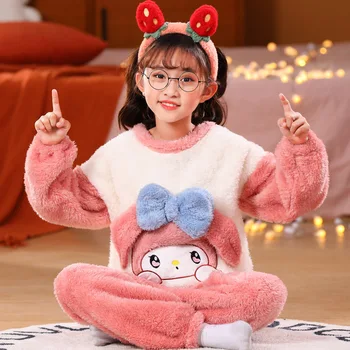 Kawaii Sanrio çocuk pijamaları Benim Melodi Aksesuarları Yumuşak Peluş Kalınlaşma Ev Giyim Seti Sonbahar Kış Sıcak Anime Oyuncaklar Kız Hediye