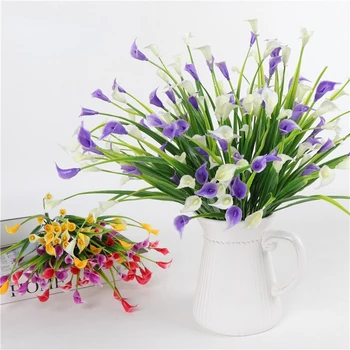 1 Buket Yapay çiçekler Calla İpek Sahte Çiçek fleur Plastik Yaprakları ile flores DIY Ev Bahçe Düğün Dekorasyon için