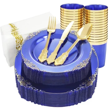 Tek kullanımlık Çatal bıçak takımı Şeffaf Mavi Plastik Yemek Tabağı Altın Plastik Gümüş Çatal bardak peçete Seti Doğum Günü Süslemeleri 10 Misafirler için