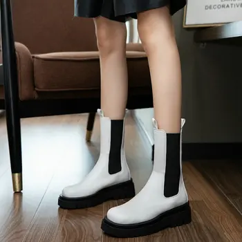 Yeni lüks marka kadın tasarımcı çizmeler platformu takozlar patik beyaz yuvarlak ayak kadın slip-on orta buzağı chelsea çizmeler büyük boy 43