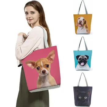 Moda Hayvan Çanta Seyahat Katlanabilir Yüksek Kapasiteli Kadın omuzdan askili çanta Rahat Kediler Köpek Baskı Tote alışveriş çantası Kadın