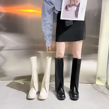 Comemore 2022 Beyaz Kış Yüksek Diz Düz Şövalye kadın Sonbahar Chelsea Çizmeler Goth Kadın Tasarımcı Orta Buzağı Ayakkabı Ücretsiz Kargo