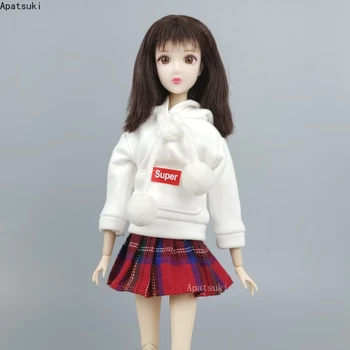 Kırmızı Süper Beyaz Üst Hoodies Kazak Pilili Etek barbie oyuncak bebek Giysileri Seti Takım Elbise Kıyafetler 1/6 BJD Bebek Aksesuarları Oyuncak