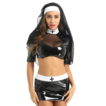 Bayan Yaramaz Rahibe Karnaval Fantezi Cosplay Kostüm Roleplay Cadılar Bayramı Kıyafet Mock Boyun Kırpma Üst Mini Bodycon Etek Başlığı